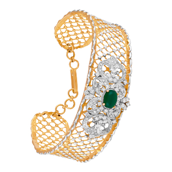 18K Yellow Gold Bracelet With Round, Rose Cut Shape Diamonds And Semi-Precious Emerald Color Stone

