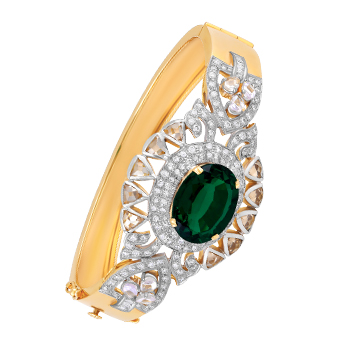 18K Yellow Gold Bracelet With Round, Rose Cut Shape Diamonds And Semi-Precious Emerald Color Stone

